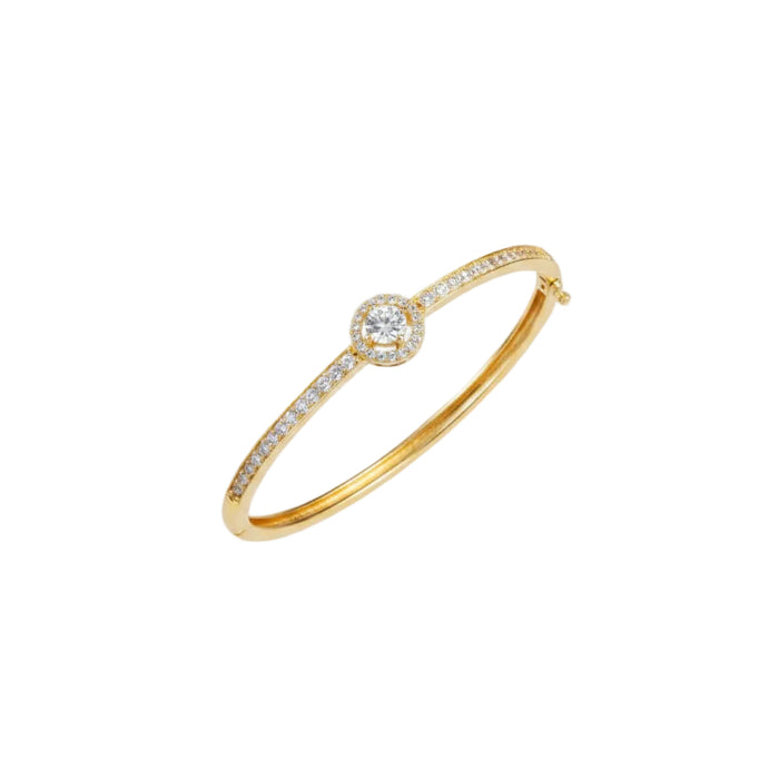 925 Sterling Silver Gold Plated Halo CZ Open Bangle Bracelet