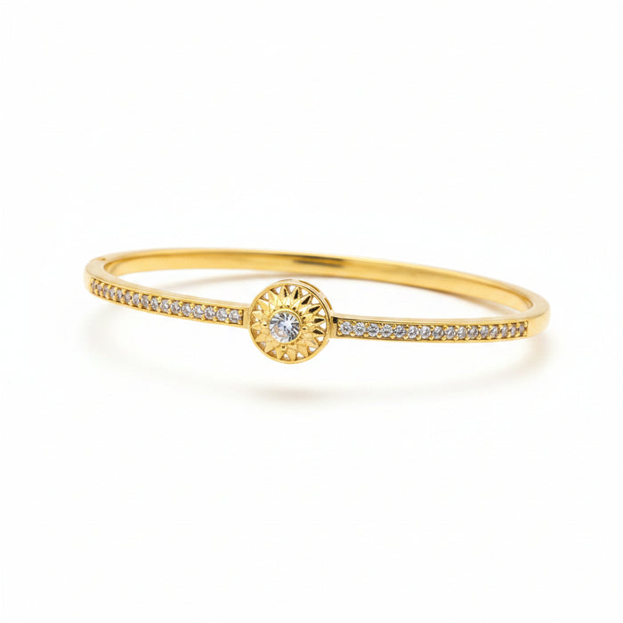 925 Sterling Silver Gold Plated Sunburst CZ Open Bangle Bracelet 8G