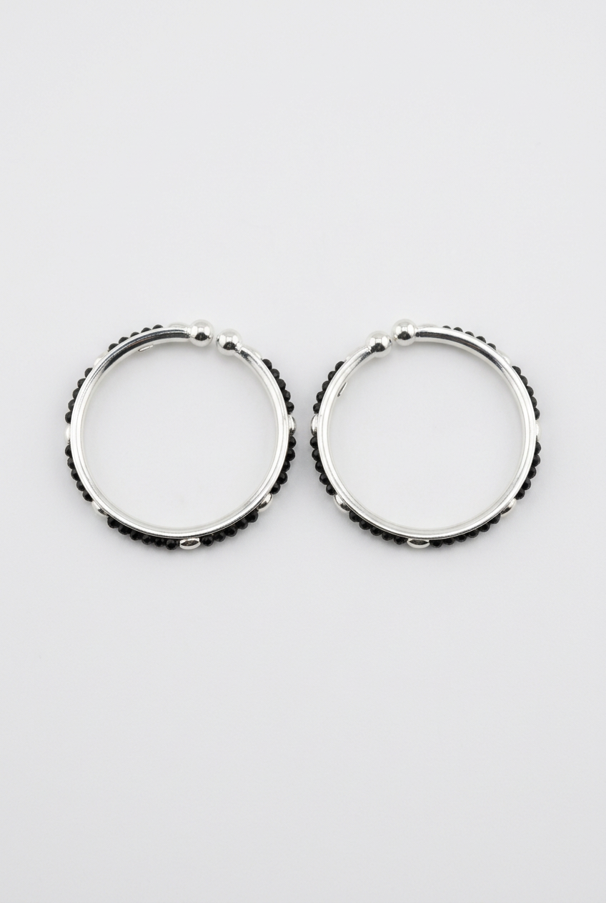 925 Sterling Silver Kids Bangle Pair – Black Stone Bead & Ball-End Design