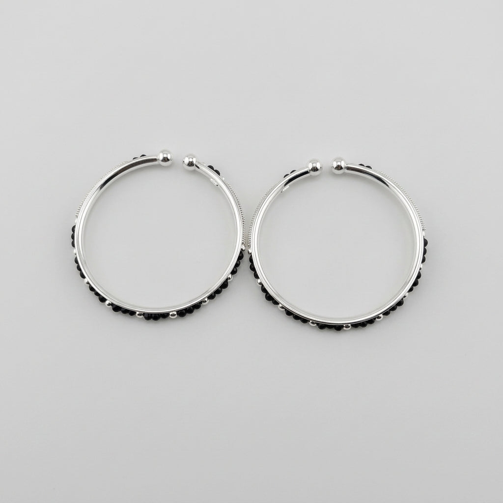 925 Sterling Silver Kids Black Bead Open Bangle Pair 18.64g