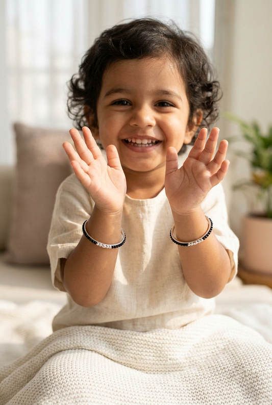 925 Sterling Silver Kids’ Black Bead Open Bangle Pair