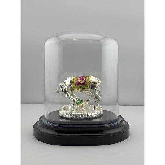 999 Pure Silver Cow & Calf Idol in Protective Acrylic Dome