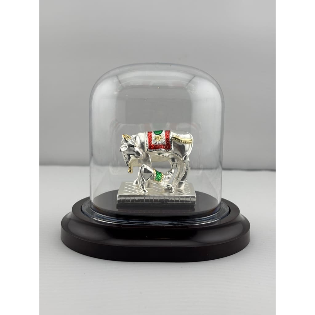 999 Pure Silver Cow & Calf Idol in Protective Acrylic Dome