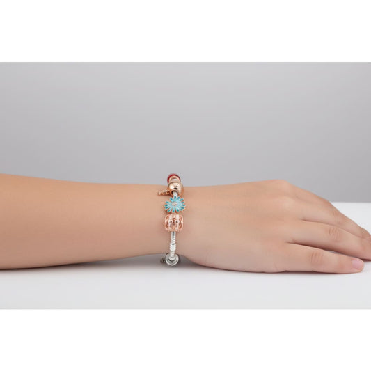 Charm Bead Silver Bracelet – 925 Sterling Kada with Floral