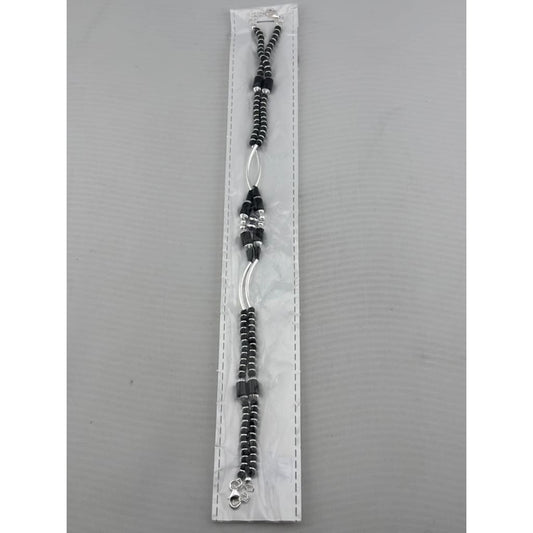 Dual Strand Black Beaded Nazariya Anklet in 925 Sterling