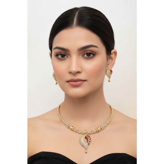 Gold-Plated 925 Sterling Silver Red Enamel Leaf Necklace & Earrings Set