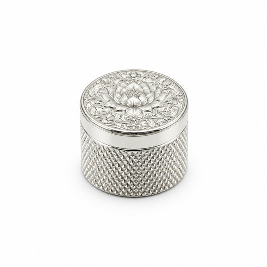 Silver Cylindrical Box Lotus Engraved Handcrafted (11.7g)