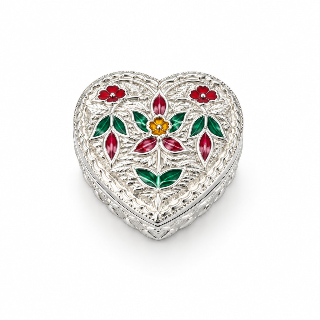 Silver Heart Box Floral Enamel Handcrafted (5.80g)