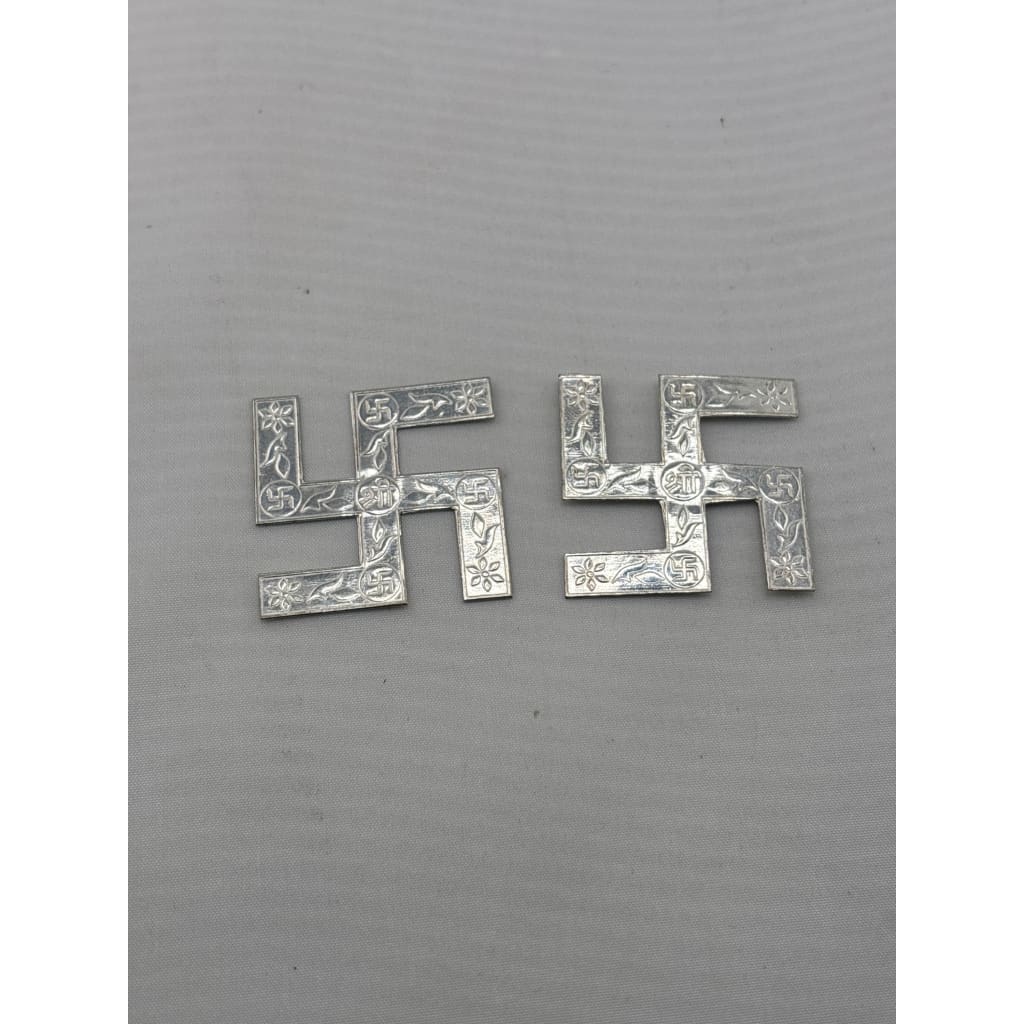Silver Swastik Set of 2 Pooja Pieces Engraved Handcrafted