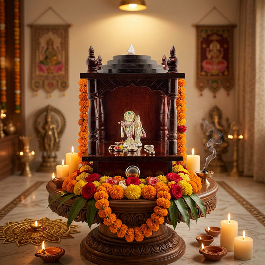 Wooden Pooja Mandir with Silver Radha Krishna Idol Set (55g)