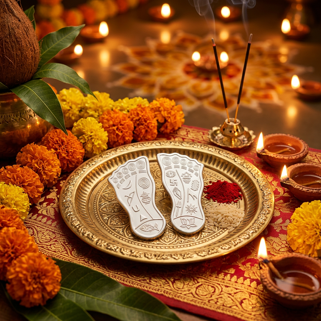 Silver Laxmi Charan Paduka pair on a puja thali with marigolds and diyas for Diwali