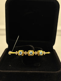 Load image into Gallery viewer, 925 Sterling Silver Gold Plated Triple Evil Eye CZ Open Bangle Bracelet
