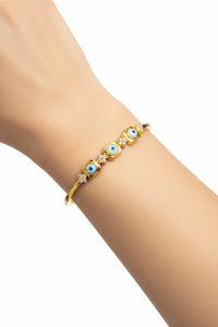 Load image into Gallery viewer, 925 Sterling Silver Gold Plated Triple Evil Eye CZ Open Bangle Bracelet
