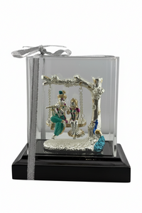 Load image into Gallery viewer, 999 Pure Silver Radha Krishna on Swing Idol 56gm in Protective Acrylic Dome – Divine Couple Murti for Mandir
