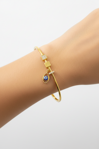 Load image into Gallery viewer, 925 Sterling Silver Gold Plated Evil Eye Charm Open Bangle Bracelet
