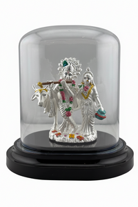 Load image into Gallery viewer, 999 Pure Silver Radha Krishna Idol in Protective Acrylic Dome – Divine Couple Murti with Green Details/ 73G
