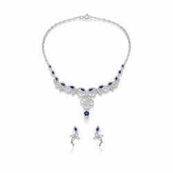 925 Sterling Silver Blue CZ Necklace & Earrings Set – Elegant Drop Design with Sapphire Finish | 21g