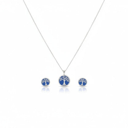 925 Sterling Silver Blue Tree of Life Necklace and Stud