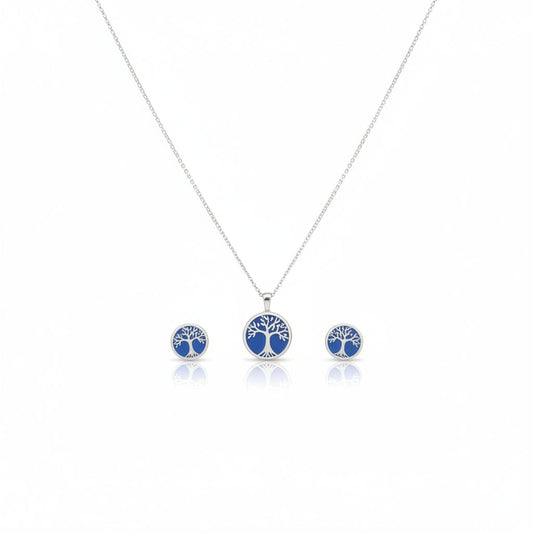 925 Sterling Silver Blue Tree of Life Necklace and Stud