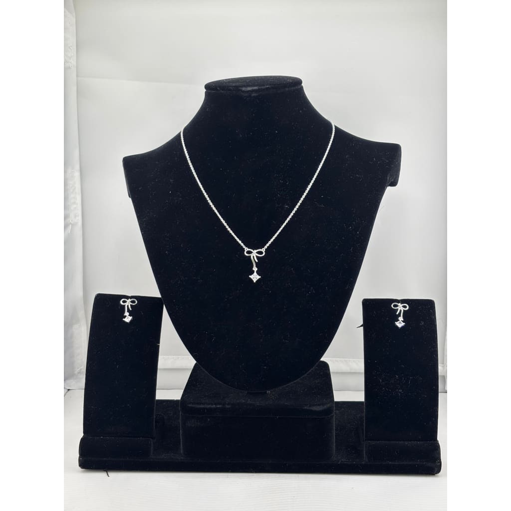 925 Sterling Silver Bow Drop CZ Necklace and Stud Earrings