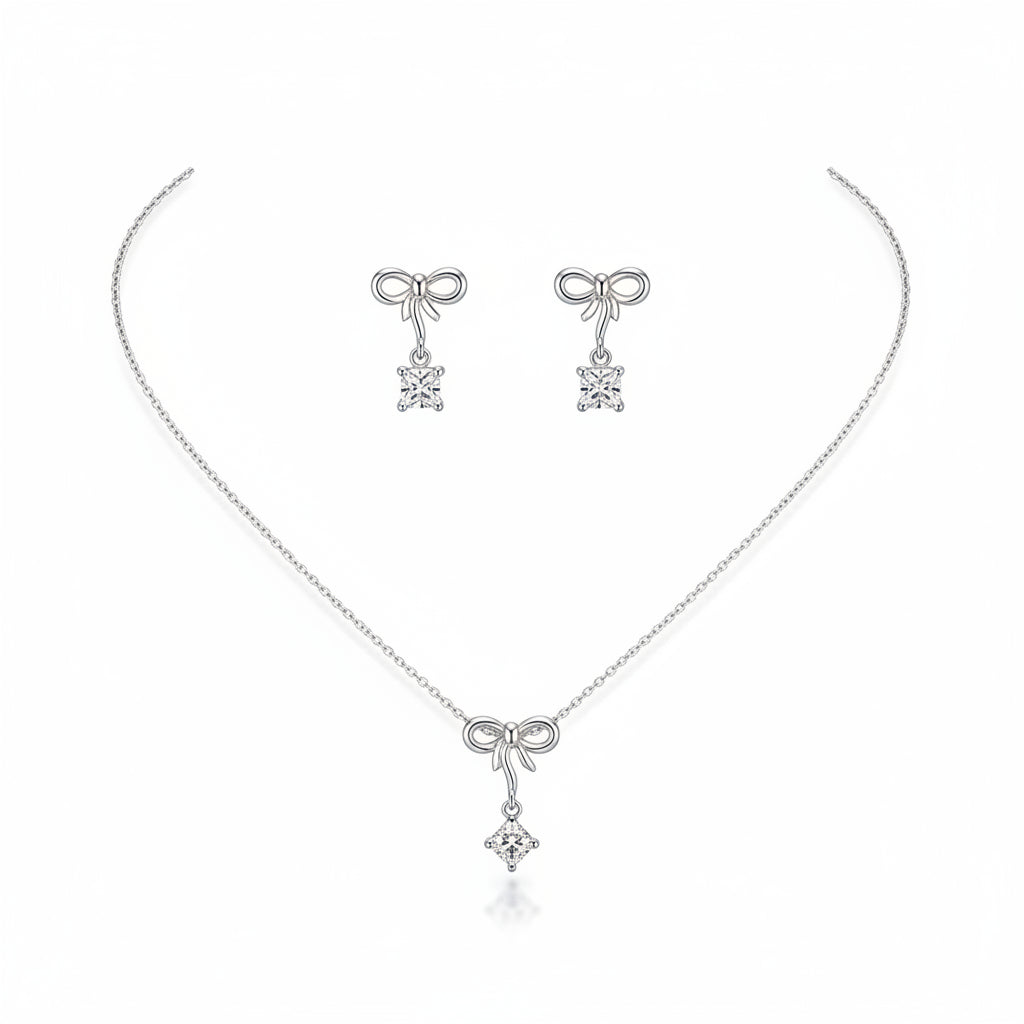 925 Sterling Silver Bow Drop CZ Necklace and Stud Earrings