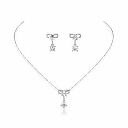 925 Sterling Silver Bow Drop CZ Necklace and Stud Earrings