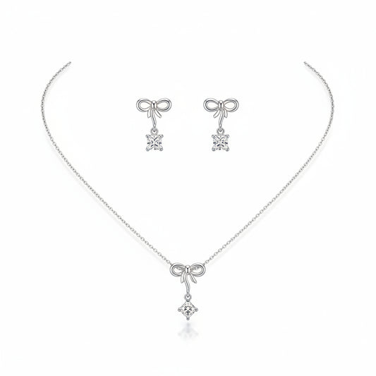 925 Sterling Silver Bow Drop CZ Necklace and Stud Earrings
