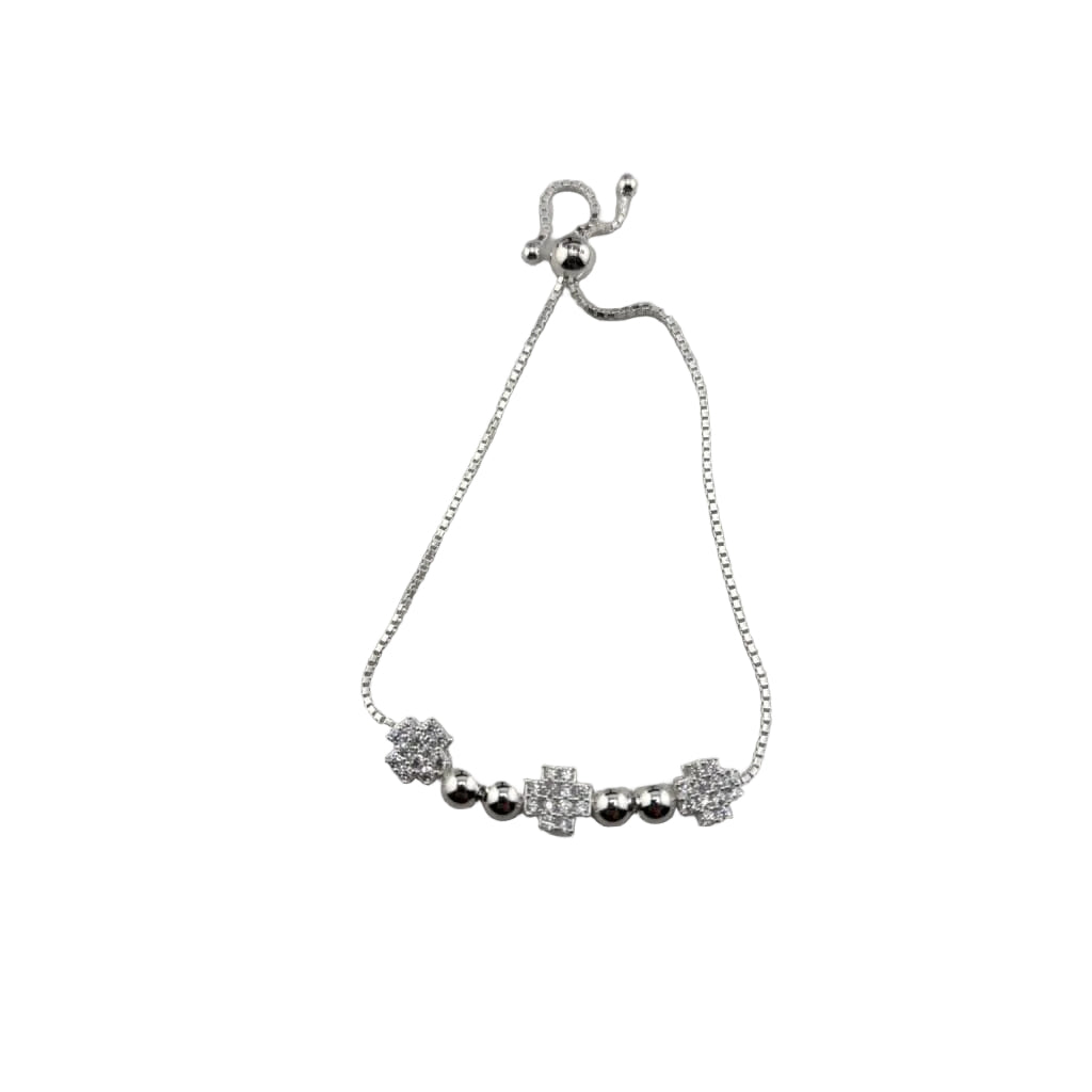 925 Sterling Silver Cross Floral CZ Adjustable Bracelet
