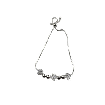 925 Sterling Silver Cross Floral CZ Adjustable Bracelet