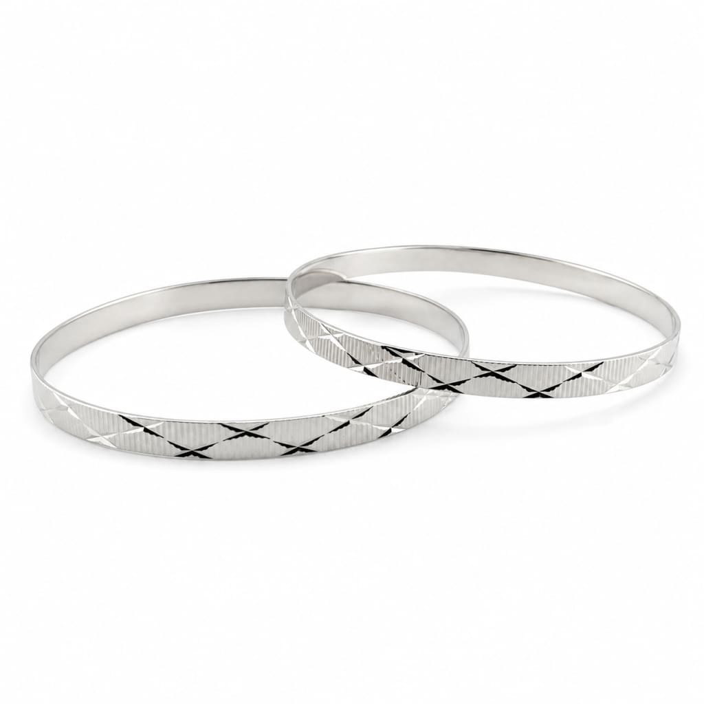 925 Sterling Silver Cross-Pattern Diamond-Cut Bangle Pair 60 mm