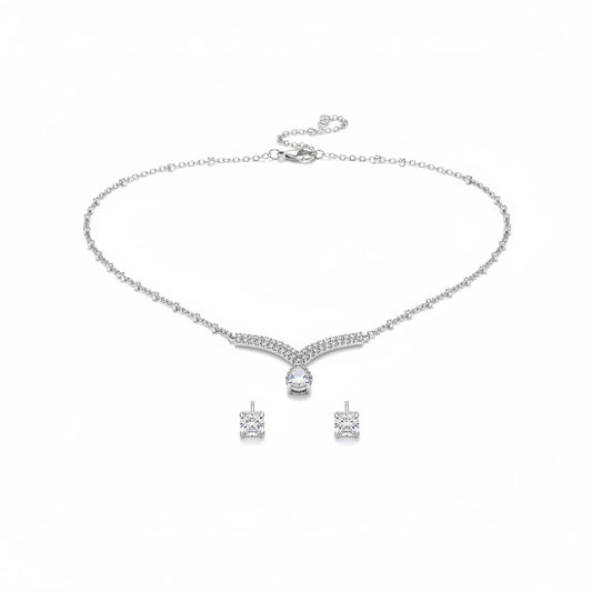 925 Sterling Silver CZ Necklace & Earrings Set – V-Shaped