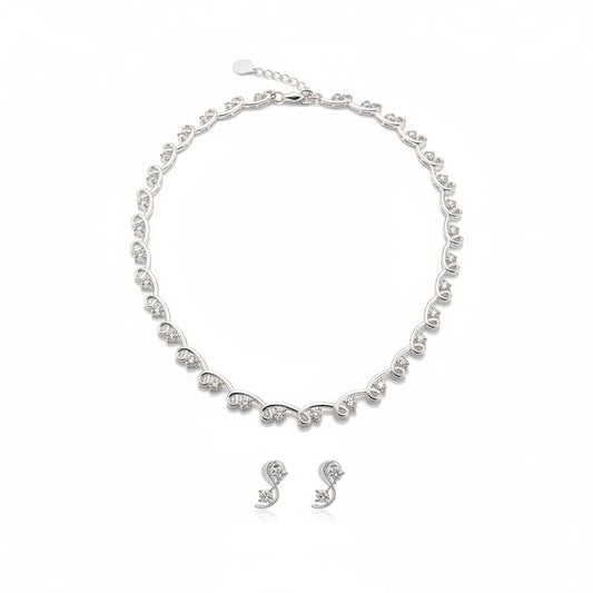925 Sterling Silver CZ Vine Link Necklace & Earrings Set