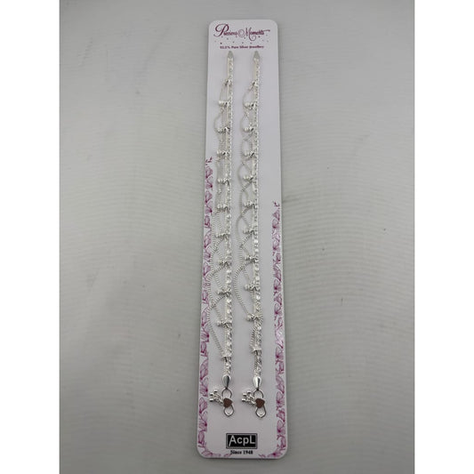 925 Sterling Silver Decorative Bow & Bead Anklet Pair –