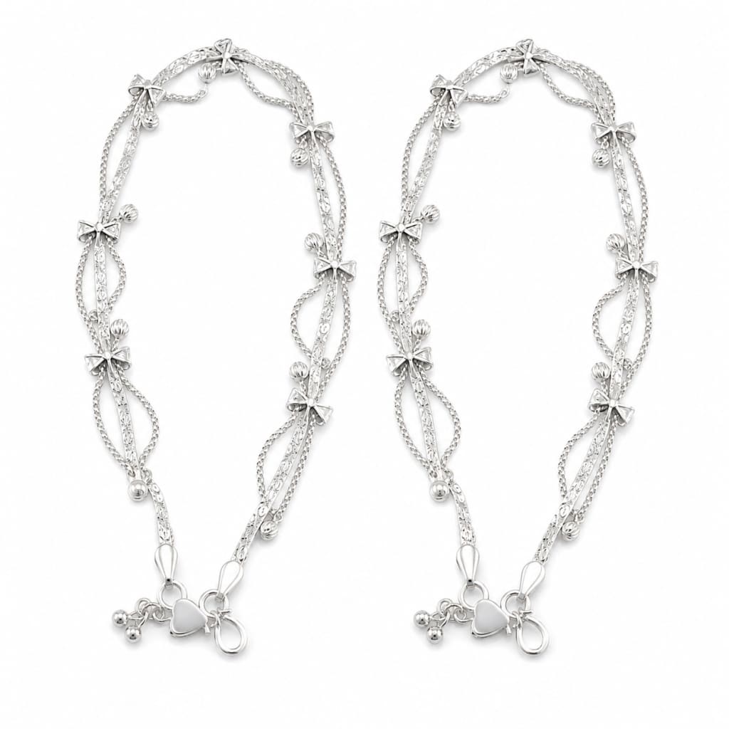 925 Sterling Silver Decorative Bow & Bead Anklet Pair –