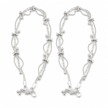 925 Sterling Silver Decorative Bow & Bead Anklet Pair –