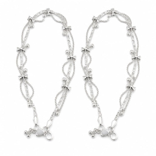 925 Sterling Silver Decorative Bow & Bead Anklet Pair –
