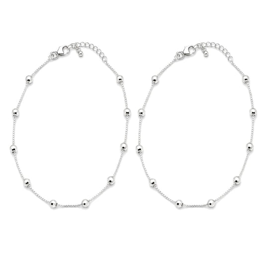 925 Sterling Silver Faceted Bead Anklet Pair – 7 Inches