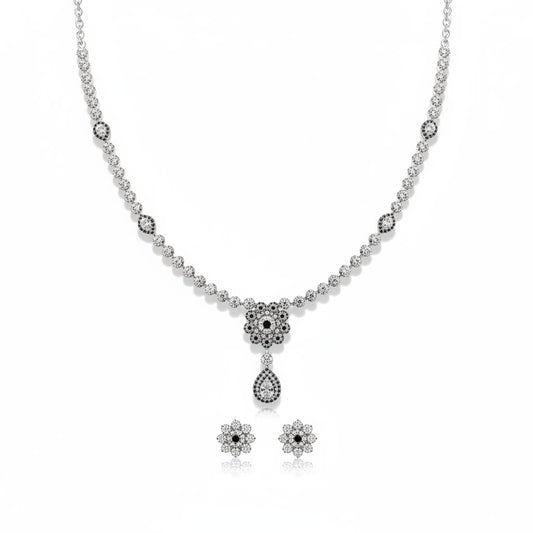 925 Sterling Silver Floral Drop CZ Necklace & Earrings Set