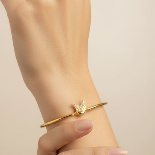 925 Sterling Silver Gold Plated Bird CZ Open Bangle