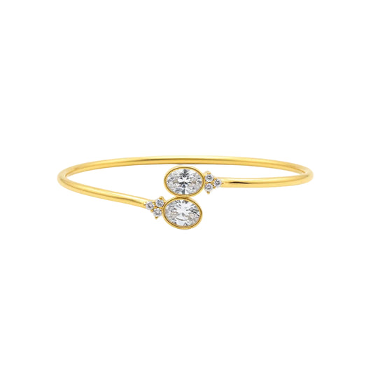 925 Sterling Silver Gold Plated Double Solitaire CZ Open Bangle