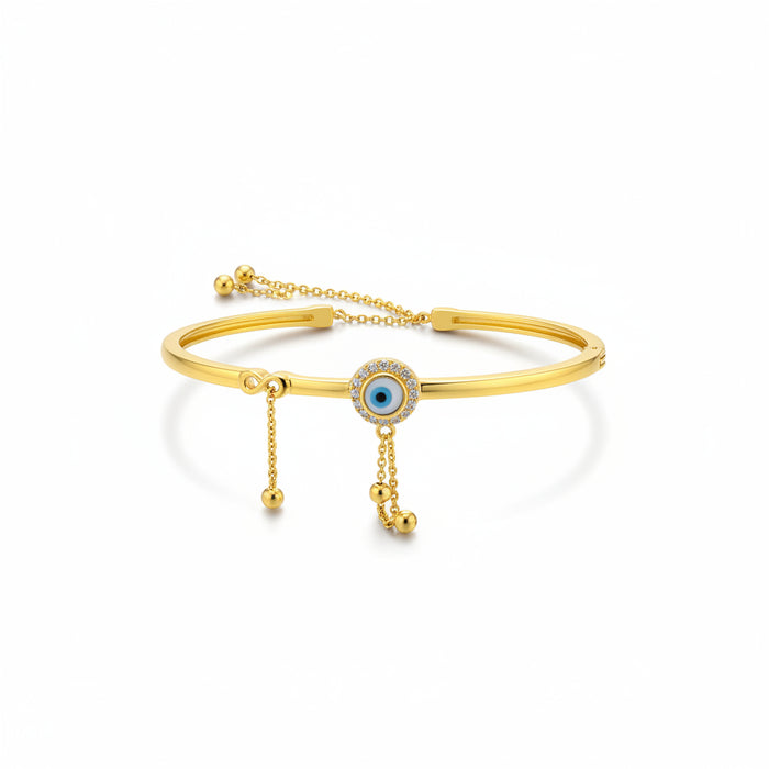 925 Sterling Silver Gold Plated Evil Eye Charm Open Bangle Bracelet