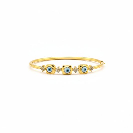 925 Sterling Silver Gold Plated Triple Evil Eye CZ Open Bangle