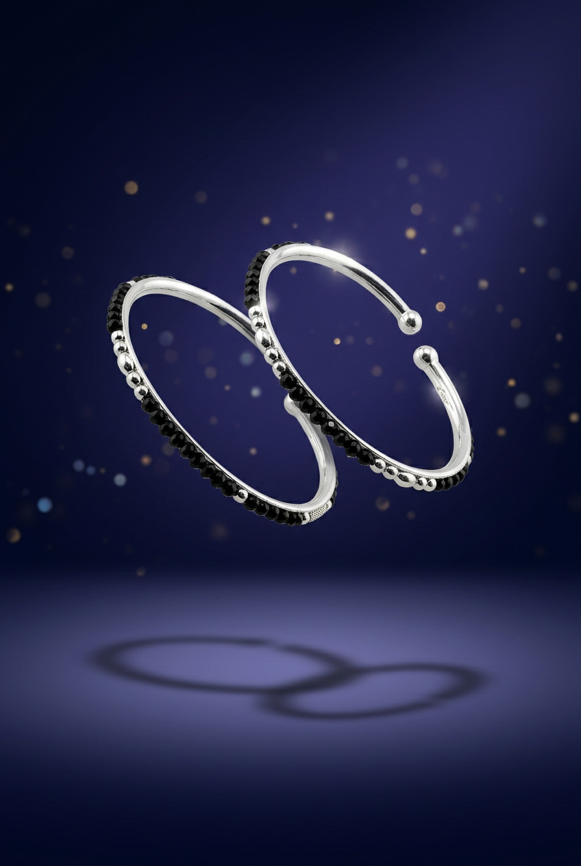 925 Sterling Silver Kids Bangle Pair – Black Bead & Silver Accent Design