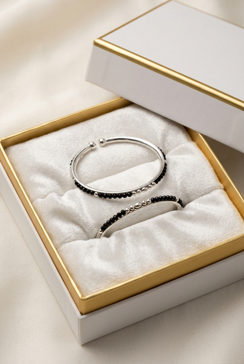 925 Sterling Silver Kids Bangle Pair – Black Bead & Silver Accent Design
