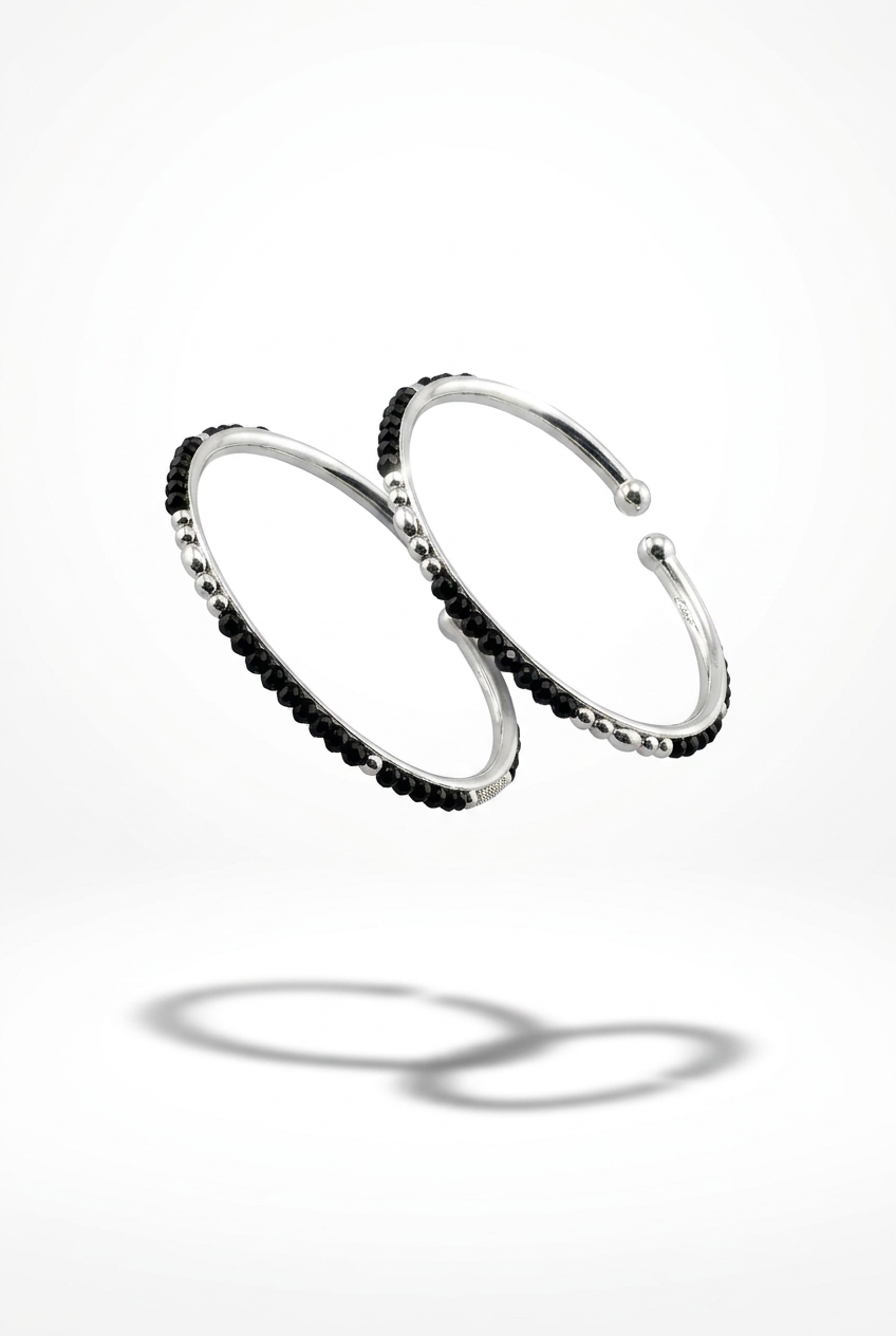 925 Sterling Silver Kids Bangle Pair – Black Bead & Silver Accent Design