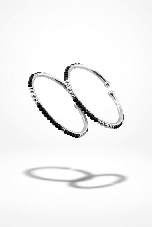 925 Sterling Silver Kids Bangle Pair – Black Bead & Silver Accent Design