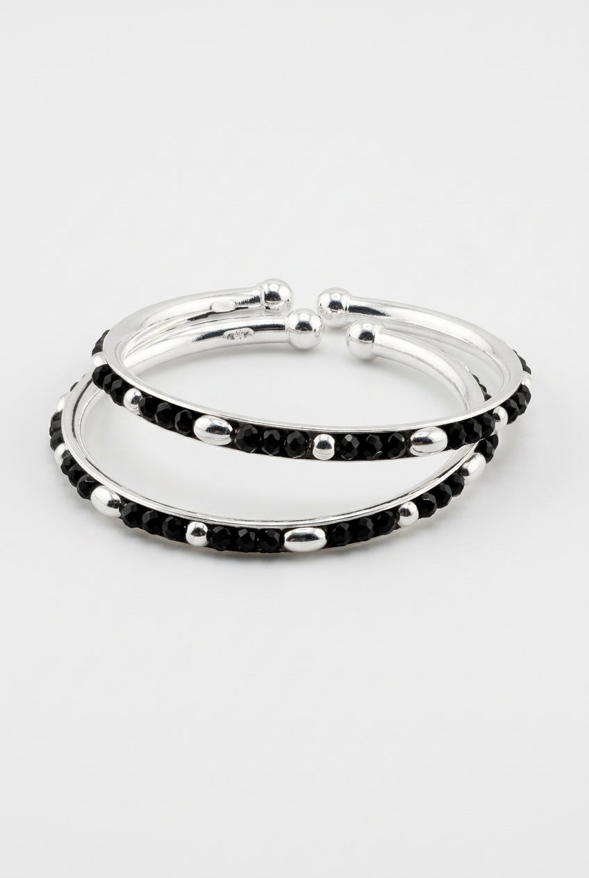 925 Sterling Silver Kids Bangle Pair – Black Bead & Accent