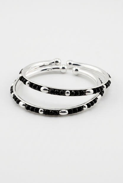 925 Sterling Silver Kids Bangle Pair – Black Bead & Accent