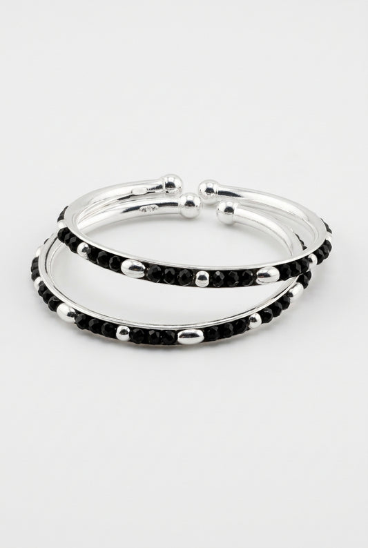 925 Sterling Silver Kids Bangle Pair – Black Bead & Accent