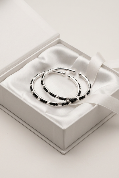 925 Sterling Silver Kids Bangle Pair – Black Bead & Silver Accent Open Design – 16 g